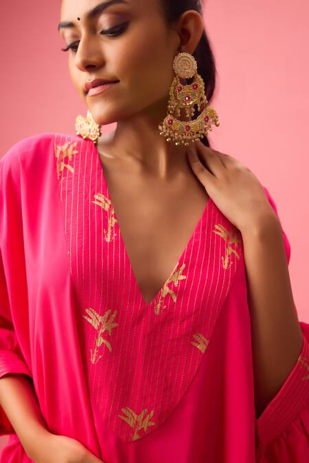 Shop_Nikasha_Pink Silk Embroidery, Foil Printing V-neck Yoke Kurta And Salwar Set _Online_at_Aza_Fashions