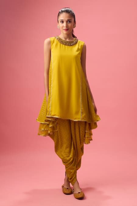 Nikasha Yellow 100% Pure Silk Crepe Neckline Asymmetric Kurta And Dhoti Pant Set 