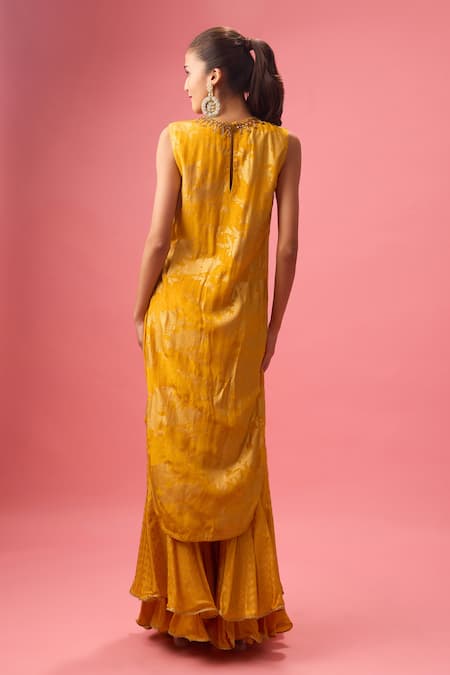 Shop Nikasha Yellow Organza, Crepe, Beads, Embroidered Neckline Kurta And Sharara Set at Aza Fashions Shop_Nikasha_Yellow Organza, Crepe, Beads, Embroidered Neckline Kurta And Sharara Set _at_Aza_Fashions