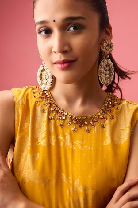 Nikasha Yellow Organza, Crepe, Beads, Embroidered Neckline Kurta And Sharara Set Online at Aza Fashions Nikasha_Yellow Organza, Crepe, Beads, Embroidered Neckline Kurta And Sharara Set _Online_at_Aza_Fashions