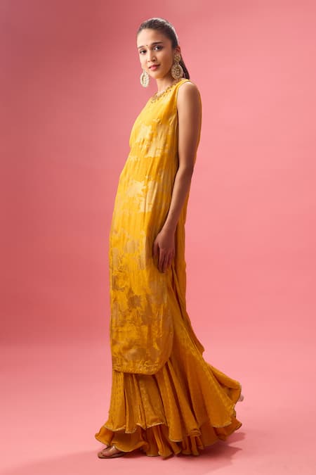 Buy Nikasha Yellow Organza, Crepe, Beads, Embroidered Neckline Kurta And Sharara Set Online at Aza Fashions Buy_Nikasha_Yellow Organza, Crepe, Beads, Embroidered Neckline Kurta And Sharara Set _Online_at_Aza_Fashions