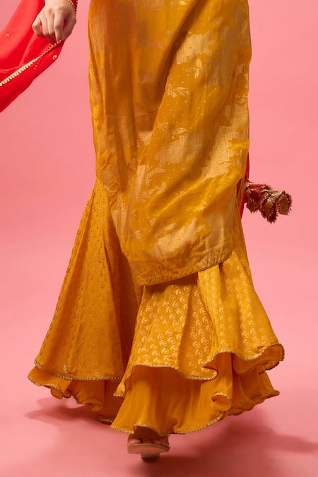 Shop Nikasha Yellow Organza, Crepe, Beads, Embroidered Neckline Kurta And Sharara Set Online at Aza Fashions Shop_Nikasha_Yellow Organza, Crepe, Beads, Embroidered Neckline Kurta And Sharara Set _Online_at_Aza_Fashions