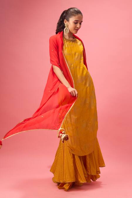 Nikasha Yellow Organza, Crepe, Beads, Embroidered Neckline Kurta And Sharara Set at Aza Fashions Nikasha_Yellow Organza, Crepe, Beads, Embroidered Neckline Kurta And Sharara Set _at_Aza_Fashions