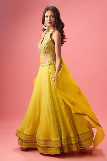 Nikasha_Yellow Organza, Crepe, Beads, Sequins, Floral Gota Lehenga Set _Online_at_Aza_Fashions