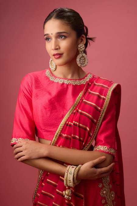 Buy_Nikasha_Pink Organza, Georgette, Gota Patti, Double Layered Lehenga Set _Online_at_Aza_Fashions