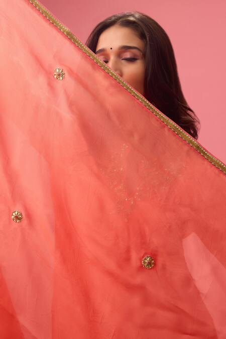 Nikasha_Peach Organza, Embroidery, Sequins, Gota Patti, Kurta Lehenga Set _at_Aza_Fashions