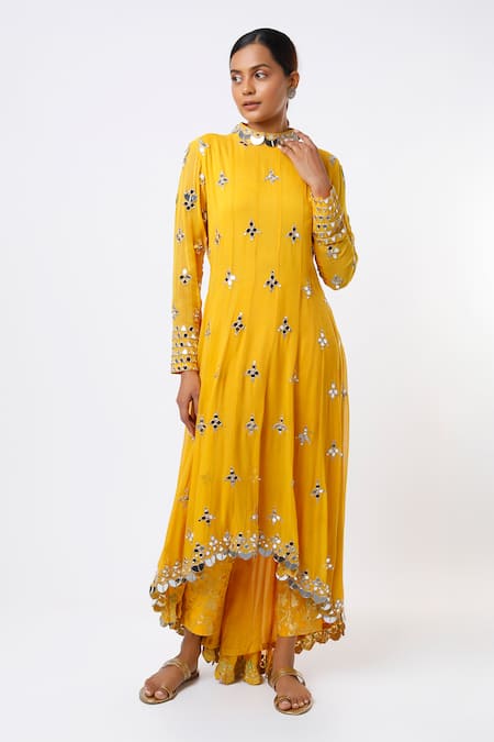 STUDIO A Yellow Georgette Embroidery Mirror High Neck Low Anarkali With Pant 