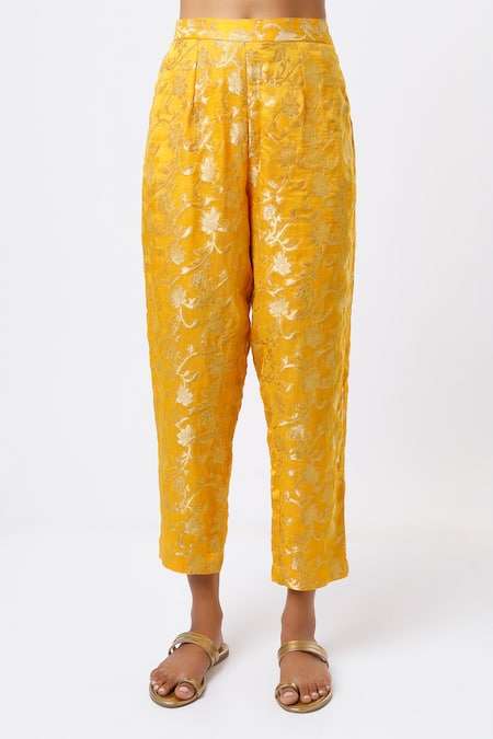 Studio A_Yellow Net, Georgette Mirrors, Embroidery High Neck Low Anarkali With Pant _Online_at_Aza_Fashions