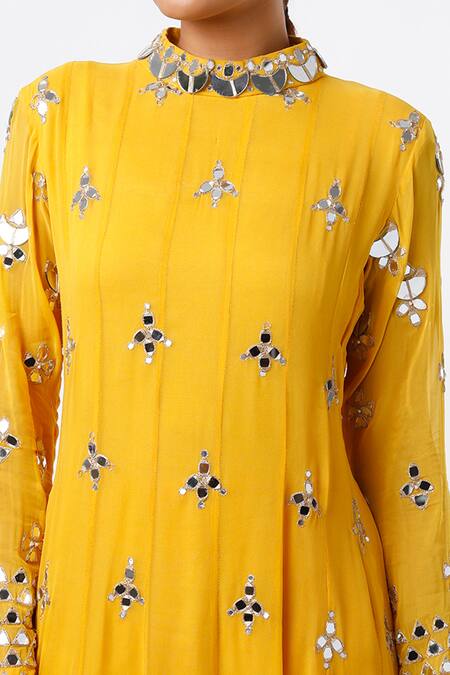 Buy_Studio A_Yellow Net, Georgette Mirrors, Embroidery High Neck Low Anarkali With Pant _Online_at_Aza_Fashions