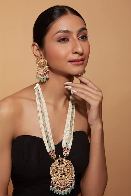 VIVINIA by Vidhi Mehra Stone Studded Beaded Long Necklace Set 