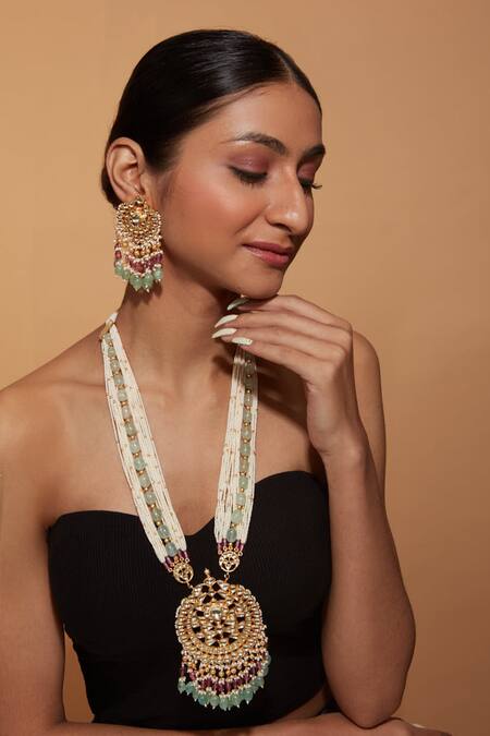 Vivinia By Vidhi Mehra_Multi Color Stones, Beads Studded Long Necklace Set _Online_at_Aza_Fashions