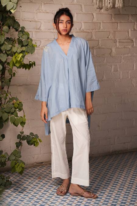 Ourdve_Blue Cotton Embroidery V-neck High Low Placement Top _at_Aza_Fashions