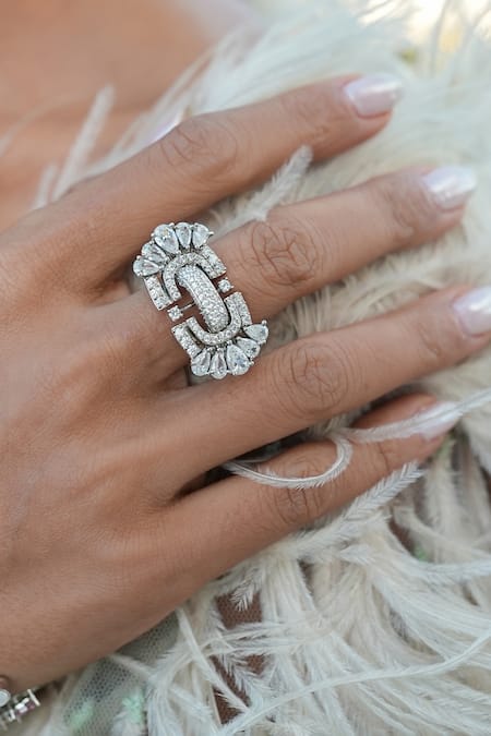 Shazé White Marquise Stone Alba Studded Ring 