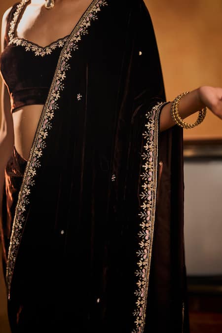 Bhawna Sethi_Brown Crepe, Velvet, Silk Embroidery, Nusrat Pre-stitched Saree With Blouse _Online_at_Aza_Fashions