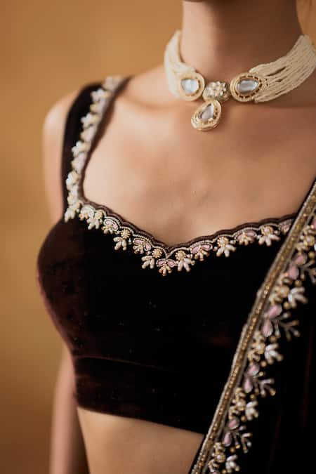 Shop_Bhawna Sethi_Brown Crepe, Velvet, Silk Embroidery, Nusrat Pre-stitched Saree With Blouse _Online_at_Aza_Fashions