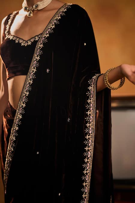 Buy_Bhawna Sethi_Brown Silk, Velvet Zari, Embroidery Scoop Neck Nusrat Saree Set With Potli _Online_at_Aza_Fashions