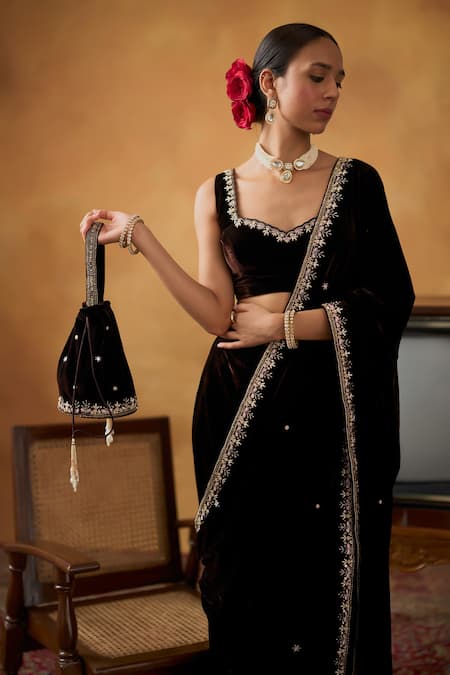 Bhawna Sethi_Brown Silk, Velvet Zari, Embroidery Scoop Neck Nusrat Saree Set With Potli _at_Aza_Fashions