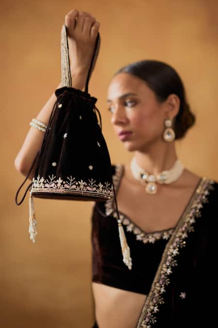 Buy_Bhawna Sethi_Brown Silk, Velvet Zari, Embroidery Scoop Neck Nusrat Saree Set With Potli 