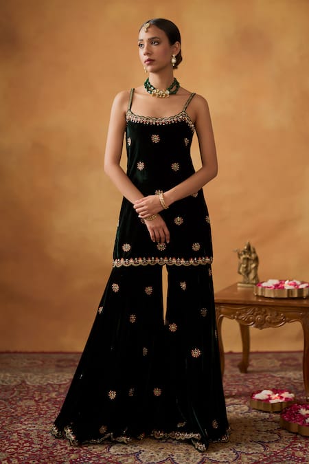 Bhawna Sethi_Green Silk, Velvet, Crepe Cut Work, Sequins, Embroidery Razia Kurta Gharara Set _Online_at_Aza_Fashions