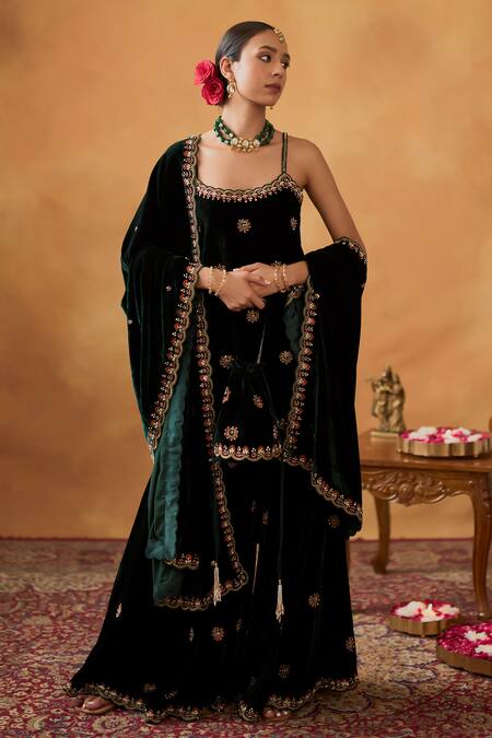 Shop_Bhawna Sethi_Green Silk, Velvet, Crepe Cut Work, Sequins, Embroidery Razia Kurta Gharara Set _Online_at_Aza_Fashions
