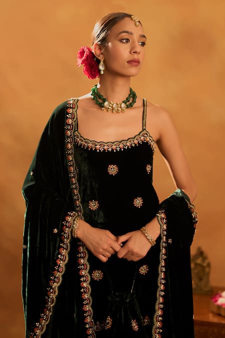 Bhawna Sethi_Green Silk, Velvet, Crepe Cut Work, Sequins, Embroidery Razia Kurta Gharara Set _at_Aza_Fashions