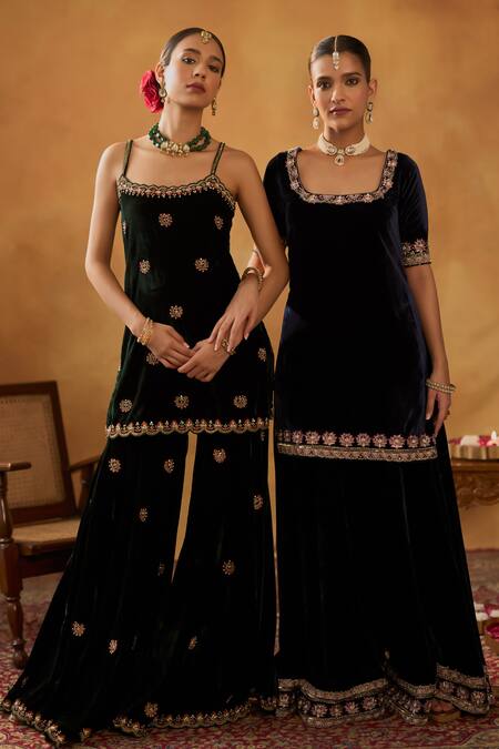 Shop_Bhawna Sethi_Green Silk, Velvet, Crepe Cut Work, Sequins, Embroidery Razia Kurta Gharara Set 