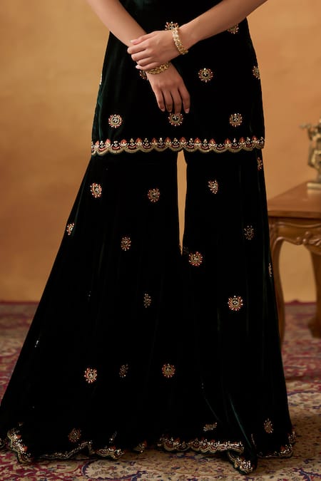 Buy_Bhawna Sethi_Green Silk, Velvet Cut Work, Sequins, Razia Kurta Gharara Set With Potli _Online_at_Aza_Fashions