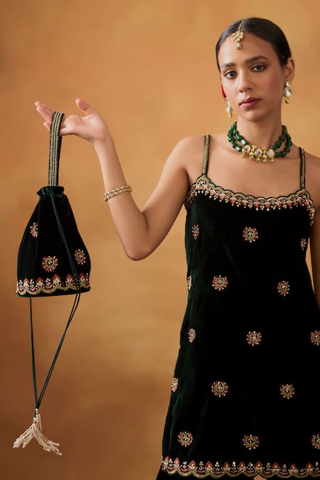 Shop_Bhawna Sethi_Green Silk, Velvet Cut Work, Sequins, Razia Kurta Gharara Set With Potli _Online_at_Aza_Fashions