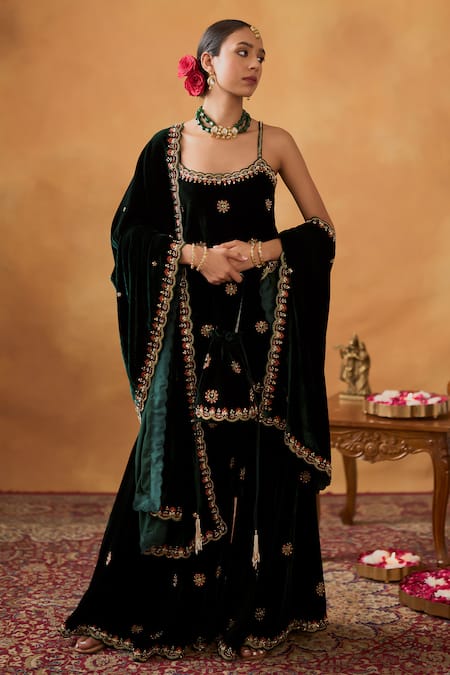 Bhawna Sethi_Green Silk, Velvet Cut Work, Sequins, Razia Kurta Gharara Set With Potli _at_Aza_Fashions