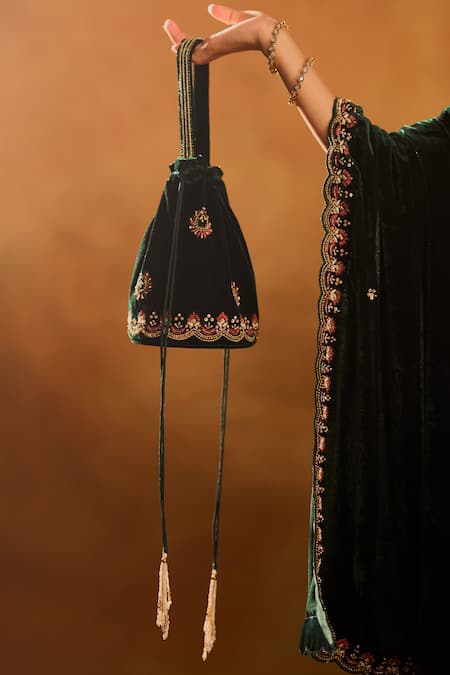 Shop_Bhawna Sethi_Green Silk, Velvet Cut Work, Sequins, Razia Kurta Gharara Set With Potli 