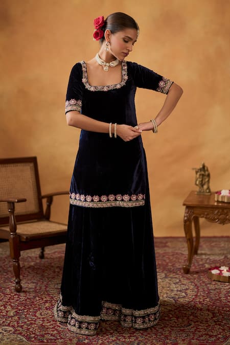Bhawna Sethi_Blue Silk, Velvet, Tissue Embroidery, Zari Scoop Sultana Kurta Sharara Set _Online_at_Aza_Fashions