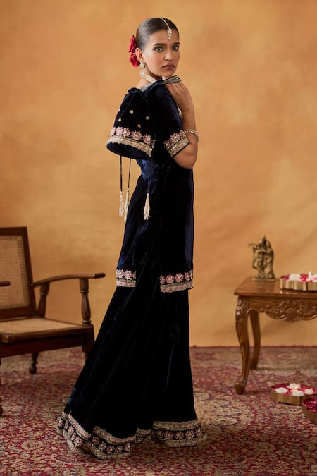 Bhawna Sethi_Blue Silk, Velvet, Tissue Embroidery, Zari Scoop Sultana Kurta Sharara Set _at_Aza_Fashions
