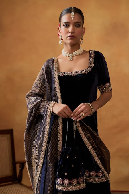 Buy_Bhawna Sethi_Blue Silk, Velvet, Tissue Embroidery, Zari Scoop Sultana Kurta Sharara Set 