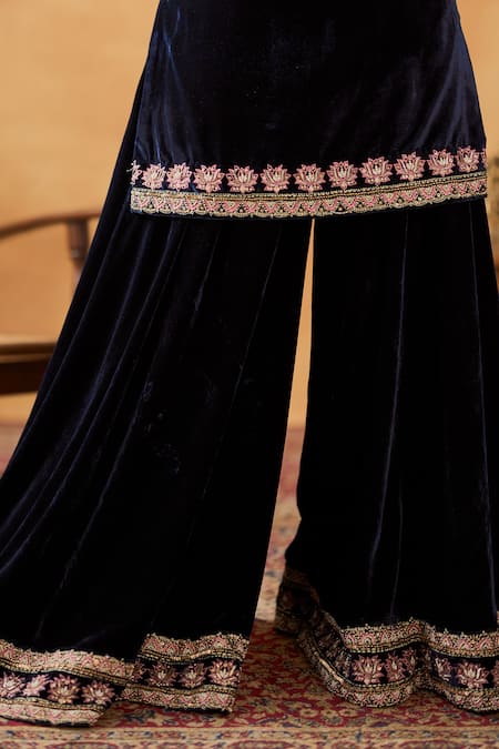 Buy_Bhawna Sethi_Blue Silk, Velvet, Tissue Zari Sultana Embroidered Kurta Sharara Set With Potli _Online_at_Aza_Fashions