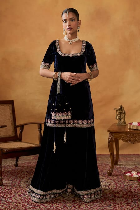Shop_Bhawna Sethi_Blue Silk, Velvet, Tissue Zari Sultana Embroidered Kurta Sharara Set With Potli _Online_at_Aza_Fashions