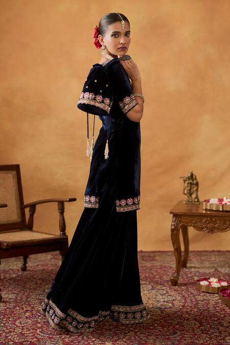 Bhawna Sethi_Blue Silk, Velvet, Tissue Zari Sultana Embroidered Kurta Sharara Set With Potli _at_Aza_Fashions
