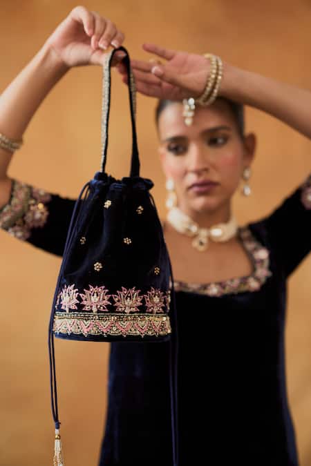 Buy_Bhawna Sethi_Blue Silk, Velvet, Tissue Zari Sultana Embroidered Kurta Sharara Set With Potli 