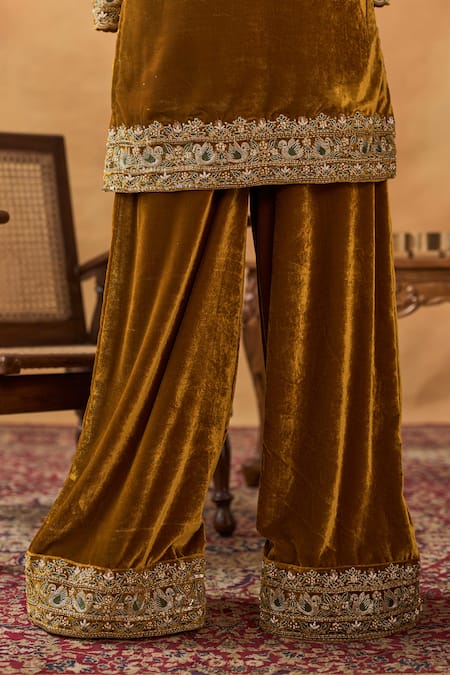 Bhawna Sethi_Yellow Silk, Velvet, Tissue Embroidery, Zari Split Zainab Kurta Palazzo Set _Online_at_Aza_Fashions