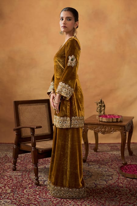 Shop_Bhawna Sethi_Yellow Silk, Velvet, Tissue Embroidery, Zari Split Zainab Kurta Palazzo Set _Online_at_Aza_Fashions