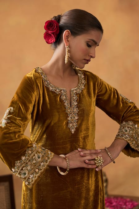 Buy_Bhawna Sethi_Yellow Silk, Velvet, Tissue Zainab Zardozi Kurta Palazzo Set With Potli _Online_at_Aza_Fashions