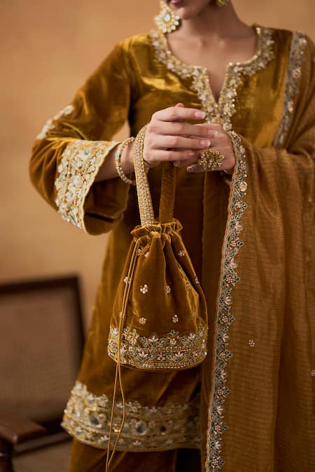 Bhawna Sethi_Yellow Silk, Velvet, Tissue Zainab Zardozi Kurta Palazzo Set With Potli _at_Aza_Fashions