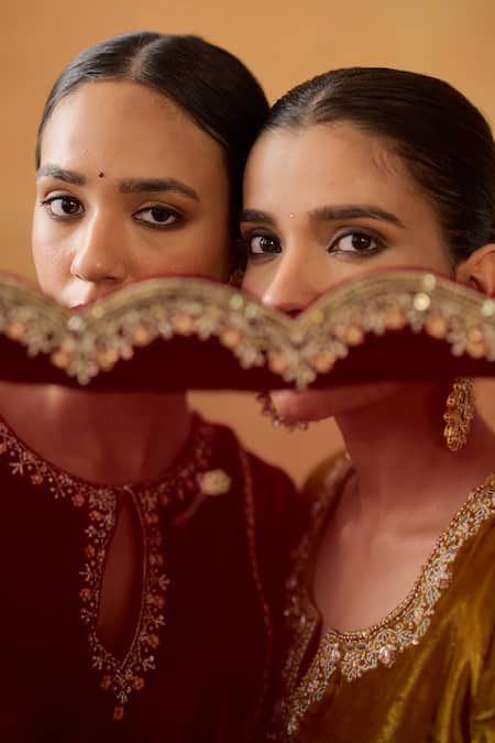 Buy_Bhawna Sethi_Yellow Silk, Velvet, Tissue Zainab Zardozi Kurta Palazzo Set With Potli 