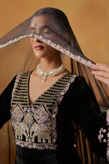 Shop_Bhawna Sethi_Black Silk, Velvet, Tissue Embroidery, Zari V-neck Zeenat Kurta Palazzo Set _Online_at_Aza_Fashions