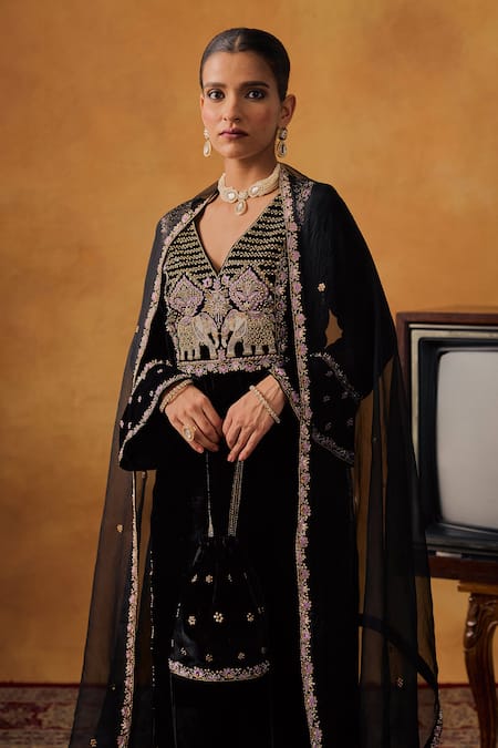 Bhawna Sethi_Black Silk, Velvet, Tissue Embroidery, Zari V-neck Zeenat Kurta Palazzo Set _at_Aza_Fashions