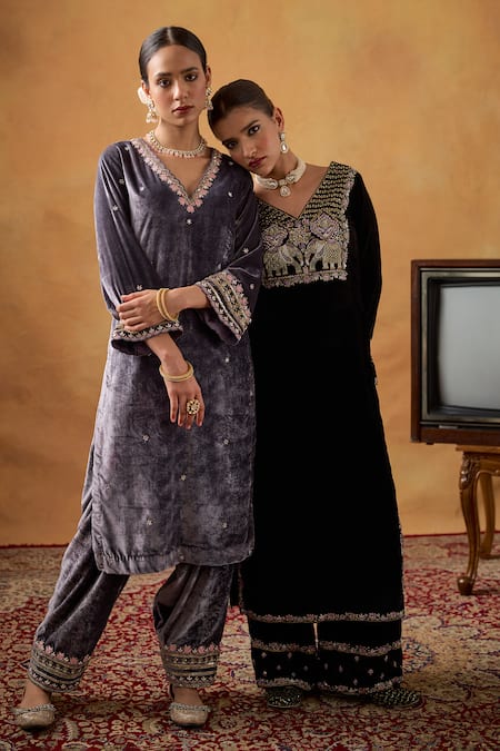 Shop_Bhawna Sethi_Black Silk, Velvet, Tissue Embroidery, Zari V-neck Zeenat Kurta Palazzo Set 