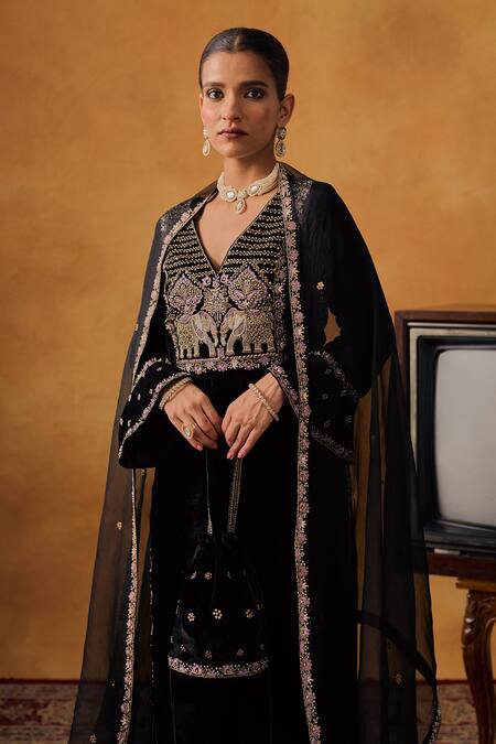 Bhawna Sethi_Black Silk, Velvet, Tissue Zeenat Zardozi Work Kurta Palazzo Set With Potli _at_Aza_Fashions