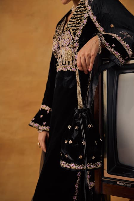 Buy_Bhawna Sethi_Black Silk, Velvet, Tissue Zeenat Zardozi Work Kurta Palazzo Set With Potli 