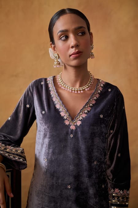 Shop_Bhawna Sethi_Purple Silk, Velvet, Organza Embroidery Fatima Zardozi Kurta Salwar Set _Online_at_Aza_Fashions