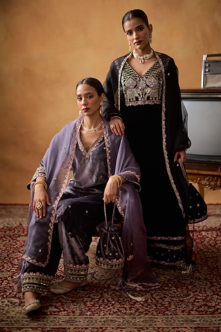 Buy_Bhawna Sethi_Purple Silk, Velvet, Organza Embroidery Fatima Zardozi Kurta Salwar Set 