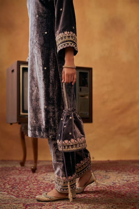 Buy_Bhawna Sethi_Purple Silk, Velvet, Crepe, Organza Fatima Zardozi Kurta Salwar Set With Potli _Online_at_Aza_Fashions